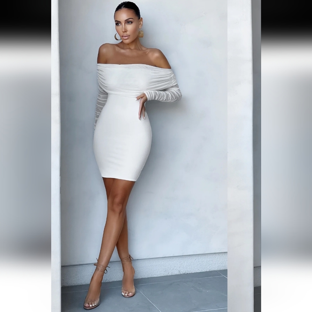 NWT CLUB LONDON MINNIEWHITE RUCHED MESH BARDOT BODYCON MINI DRESS Size US 12